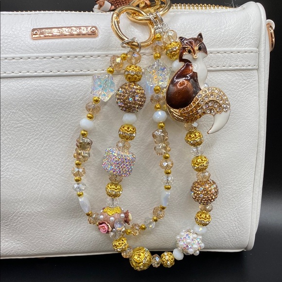 🦊 Brown Fox Bag Charm Chain, Phone Chain, Keychain Bling Crystal Beads, Gold - Picture 2 of 16
